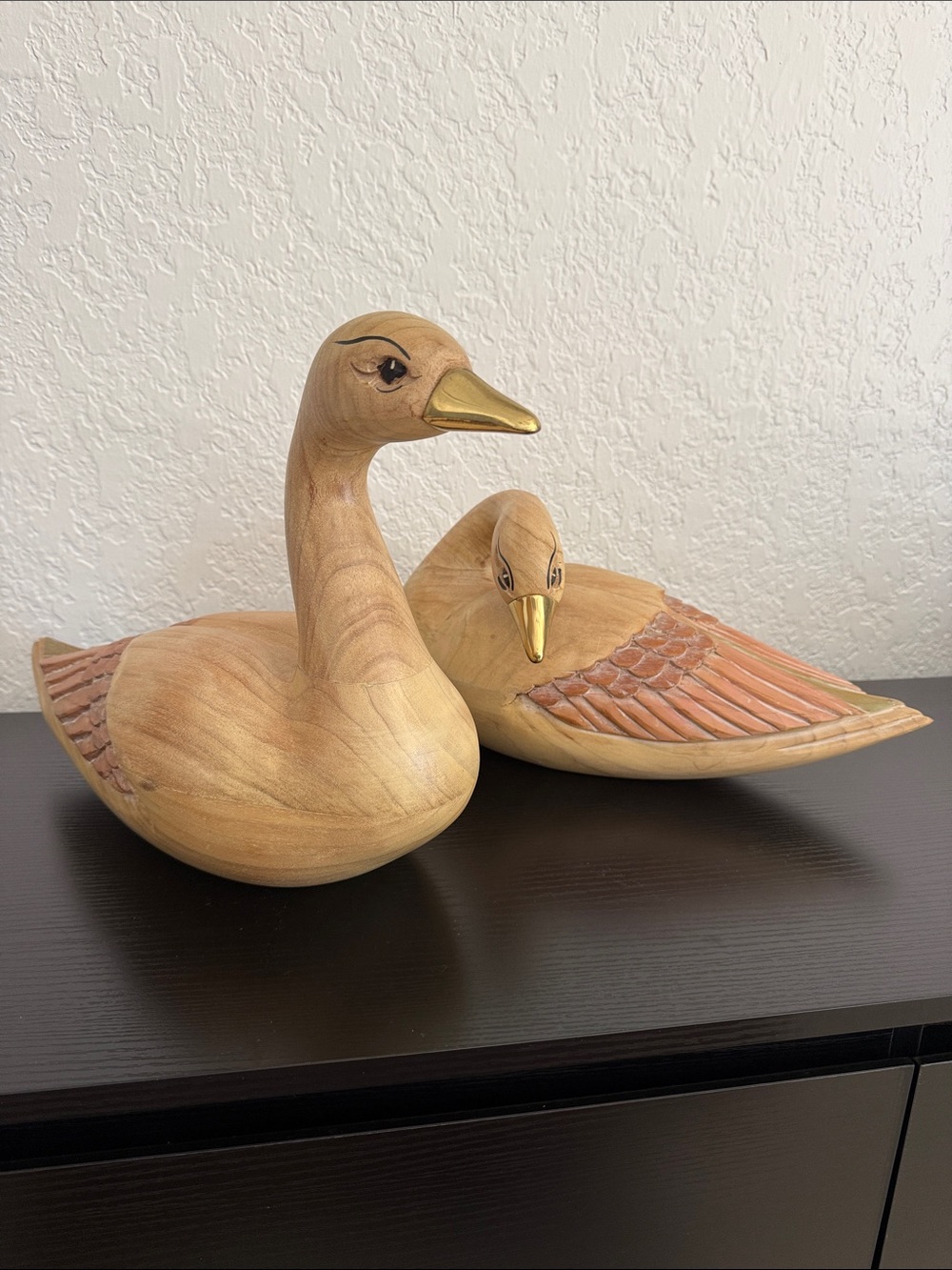 Vintage MCM Hand-Carved Set Ducks Figurines Wood and Solid Brass Beaks